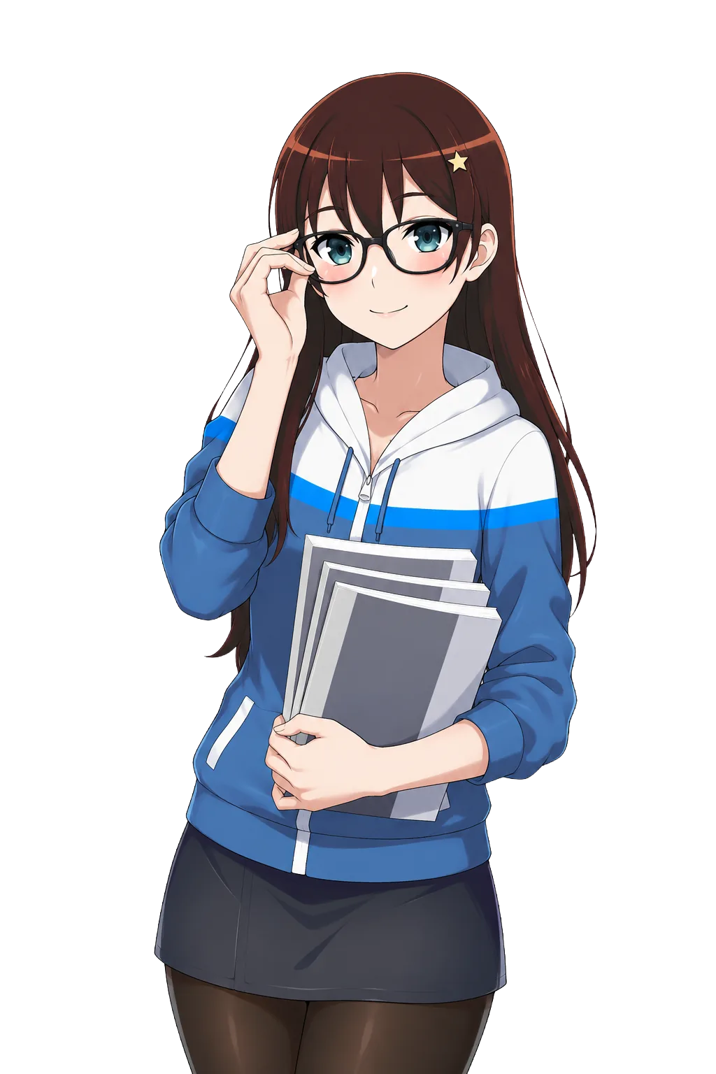 Rina membenarkan kacamata sambil memeluk tumpukan buku