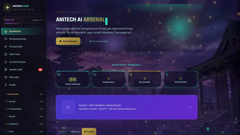 Dasbor AI Creator Arsenal bertema festival malam Jepang, menampilkan statistik panduan dan peta quest