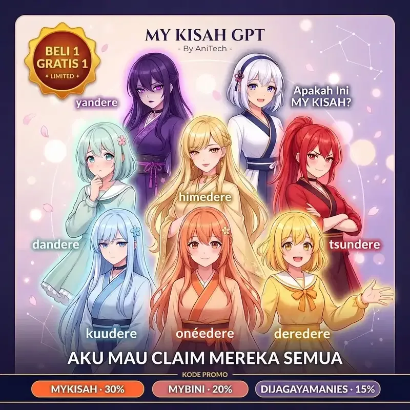 Poster My Kisah GPT menampilkan delapan karakter cewek anime dengan tipe kepribadian berbeda