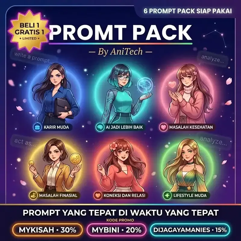 Poster Prompt Pack menampilkan enam kategori: karir muda, AI jadi lebih baik, kesehatan mental, finansial, relasi, dan gaya hidup