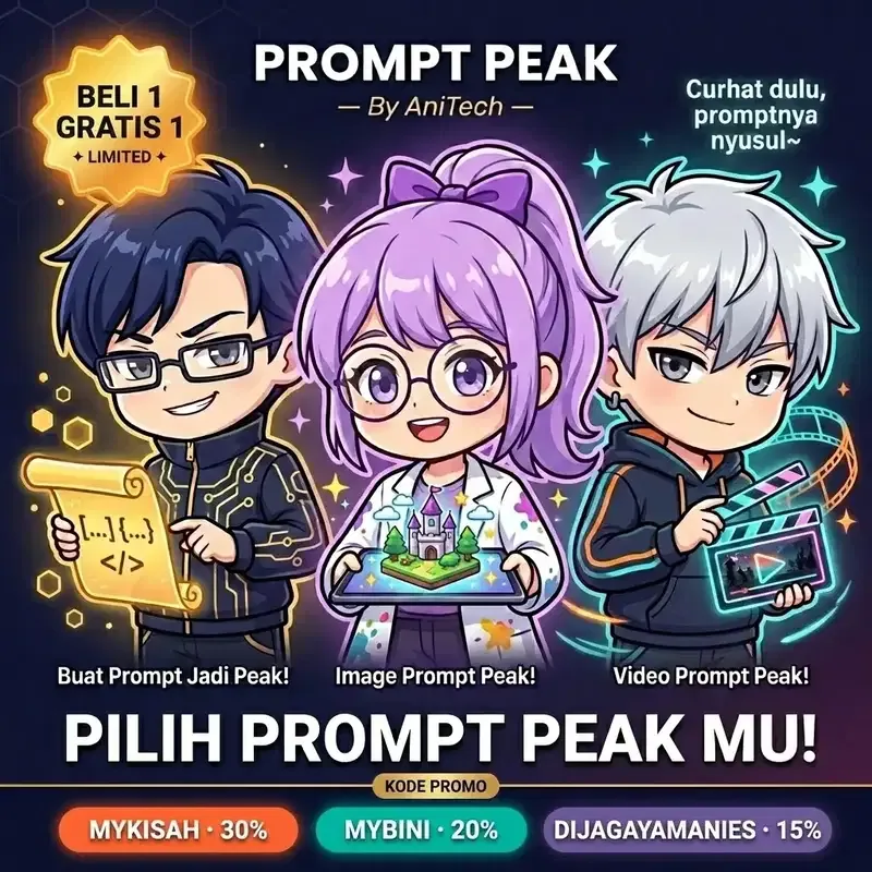 Poster Prompt Peak menampilkan tiga karakter untuk prompt teks, gambar, dan video
